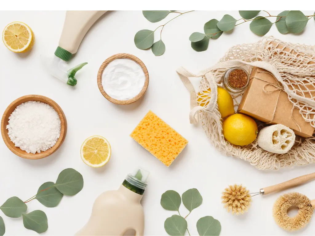 Produits ménagers naturels avec des accessoires biodégradables