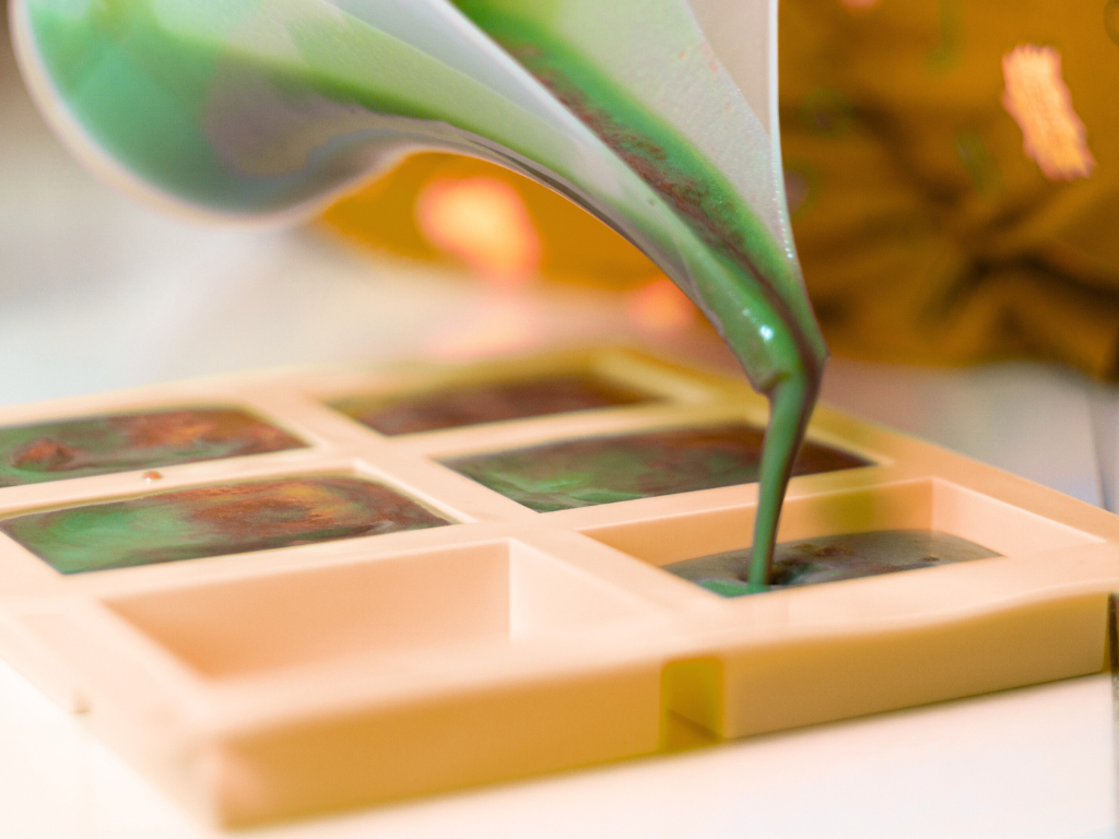 Personne en train de verser de la pâte à savon dans des moules