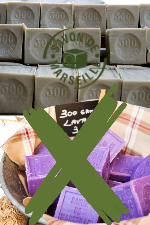 vrais savons versus savons colorés et ne correspondant pas au standard de la fabrication de savon de Marseille traditionnel