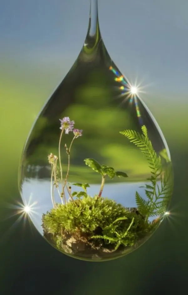 Goutte d'eau contenant des images de plantes représentant un écosystème parfait